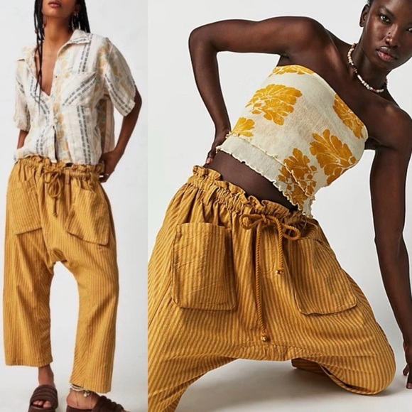 Free People Pants - Free People Runyon L XL Drawstring striped Harem Pants Mustard boho
